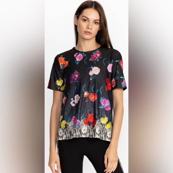 Johnny Was Active Black and Rose Lace Cross Back Tee Size Small - Picture 1 of 5